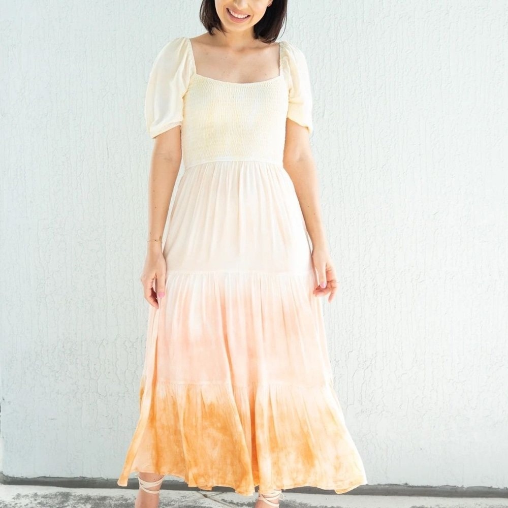 Storia Anthropologie Womens Dress S Yellow Tiered Smocked Tie Dye Brunch Resort